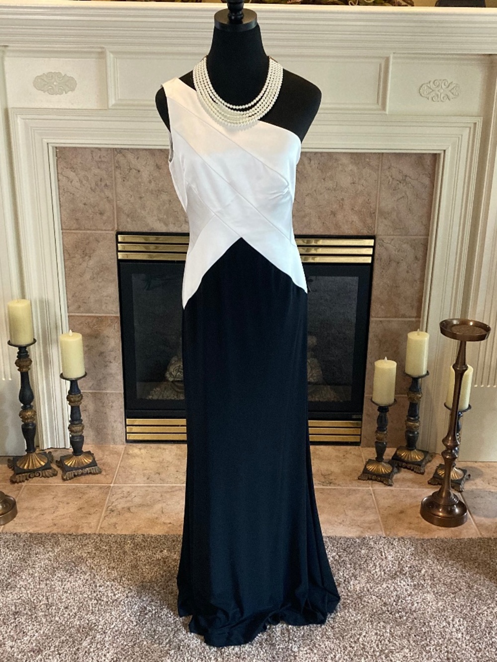 LAUREN RALPH LAUREN Asymmetrical / One Shoulder Evening Gown Black & White Sz 4